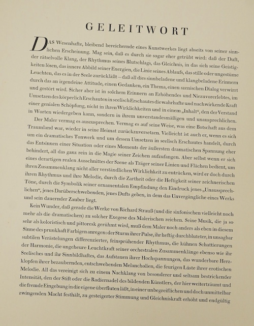 Richard Strauss-Opera. Limited Edition (of 100 numbered copies, signed by the composer; (this no. 52 of 70). etched title and 10 plates with tissue guards (each signed and numbered by the artist, Alois Kolb), 2 letterpre